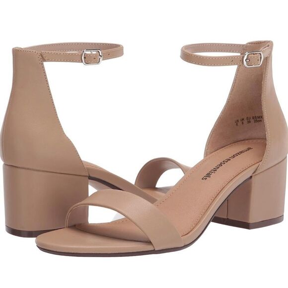 Amazon Essentials Two Strap Heeled Sandal beige faux leather multiple sizes - Picture 1 of 10